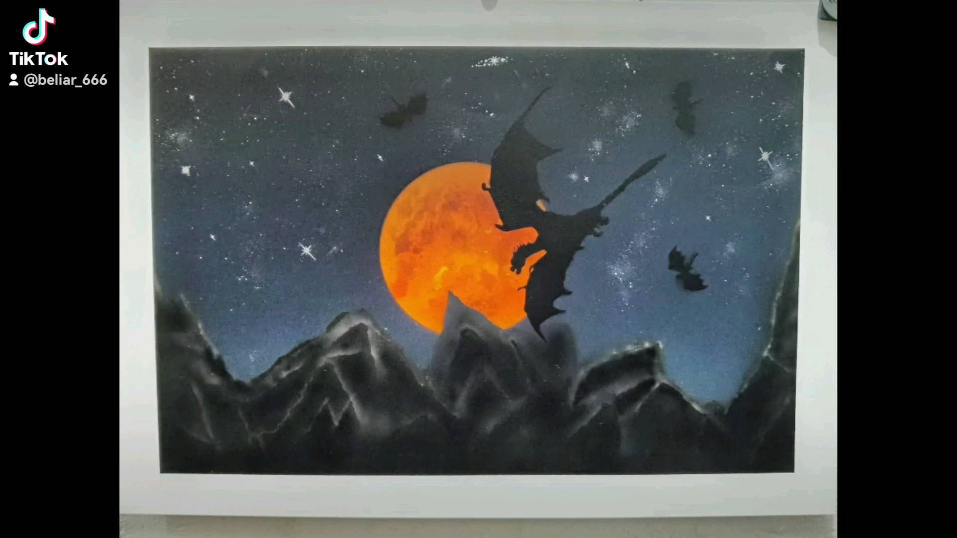 Airbrushart. In den Schritten von Anfang bis Ende.
 Bloodmoon, Dragons and Mountains. Mostly Freehand. My skills got better. Took several hours to complete. Just startet with The moon and did not know what it will be when its finished. Now we have the night of dragons...  #airbrushart #art #kunst #airbrush #airbrushpainting #mountains #bloodmoon #dragons #fantasyart #got #drachen #blutmond #airbrush4you #createx #vallejo #freihand #airbrush #moon #mond #kunst